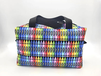 Back view of crayon print zipper duffle bag — handmade cotton craft bag