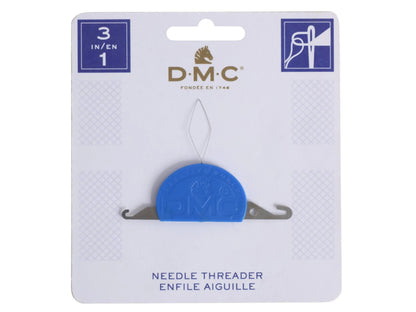 Blue needle threader on a DMC branded packaging