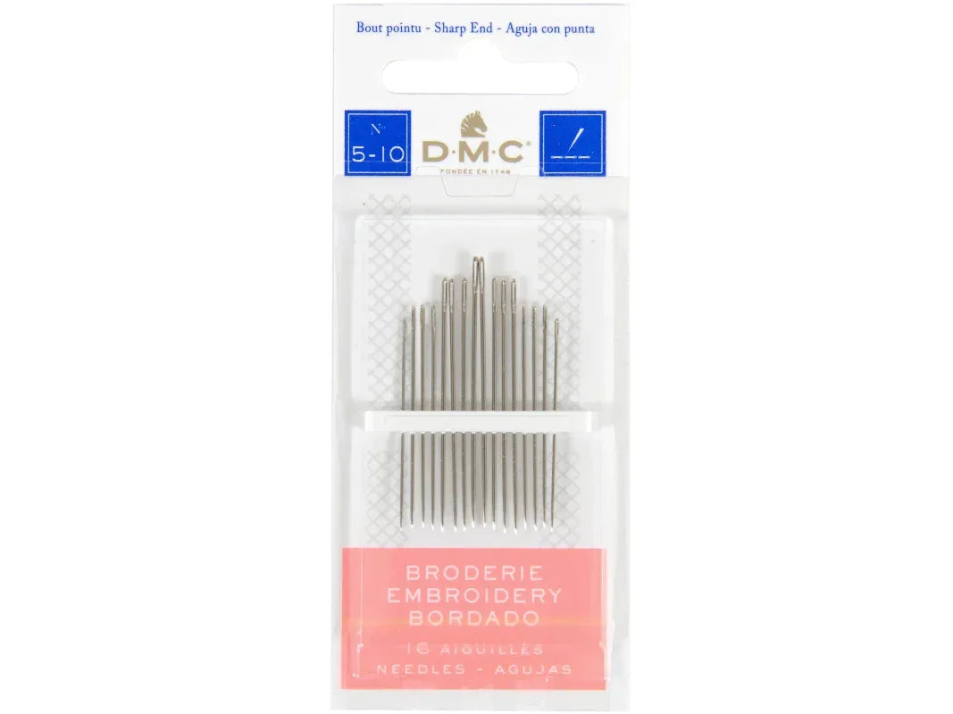 Pack of DMC embroidery needles with packaging on a white background