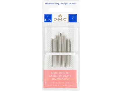 Pack of DMC embroidery needles with packaging on a white background