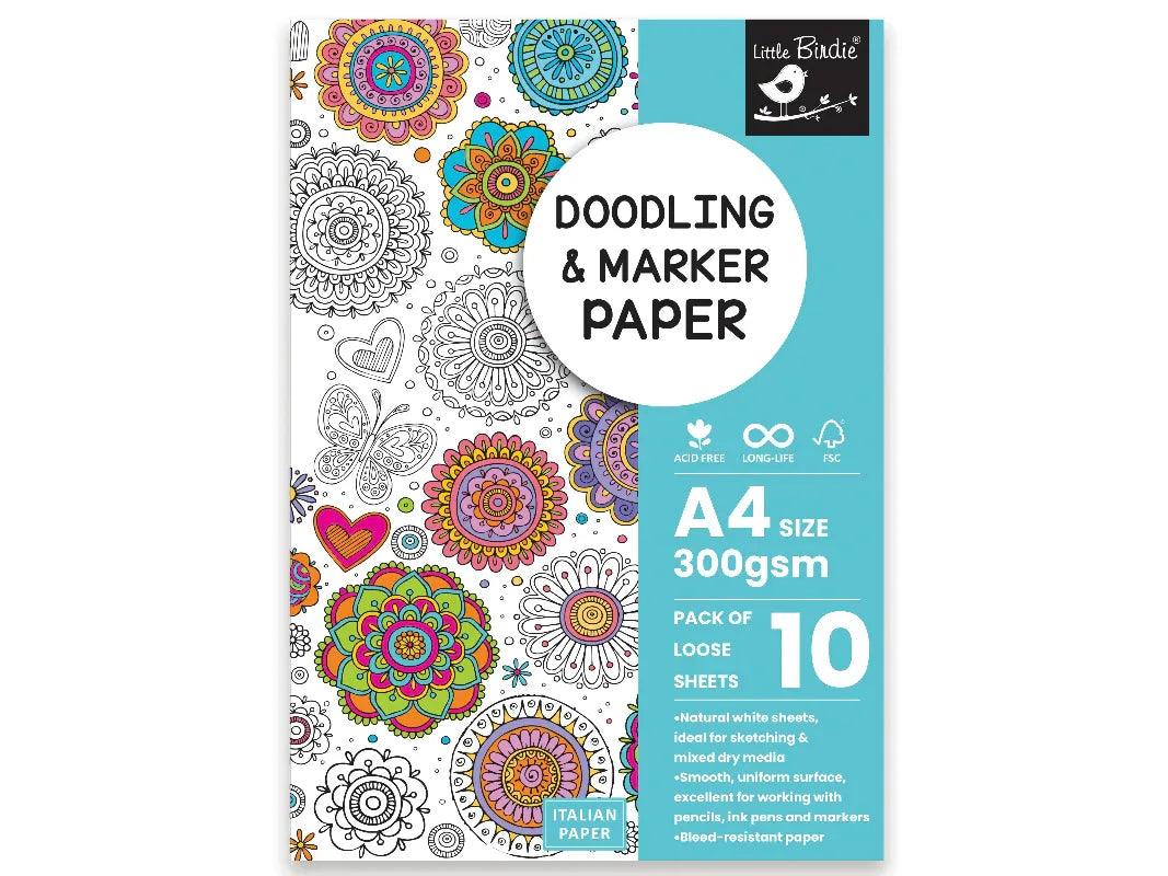 Doodling and marker paper pack with colorful designs on a white background