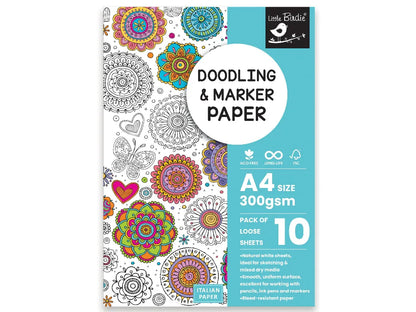 Doodling and marker paper pack with colorful designs on a white background