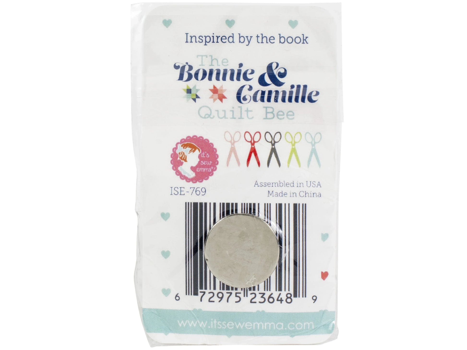 Bonnie & Camille quilt bee product packaging with branding and barcode on a white background