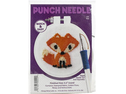 Punch needle craft kit with fox design and tools on a purple background