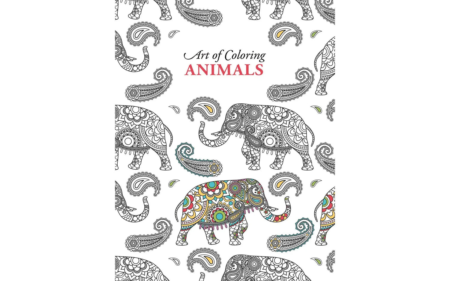 Coloring book cover with elephants and paisleys titled 'Art of Coloring Animals'.