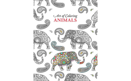 Coloring book cover with elephants and paisleys titled 'Art of Coloring Animals'.