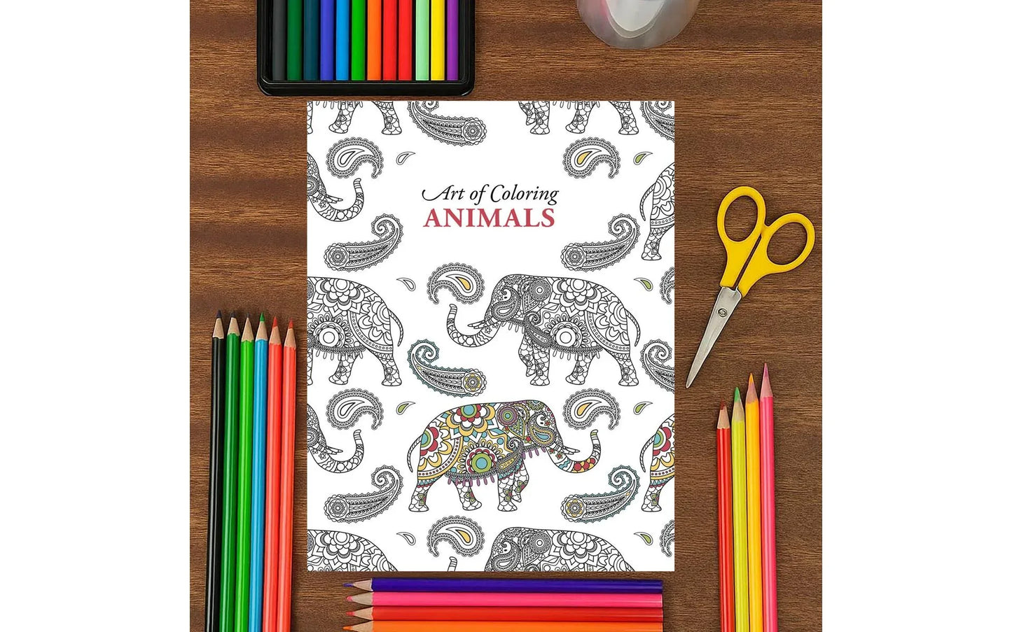 Coloring book titled 'Art of Coloring Animals' on a wooden table with coloring supplies.