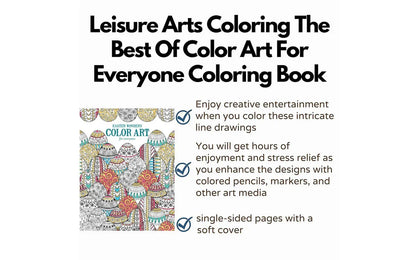 Advertisement for 'Leisure Arts Coloring' book with text and product image on a white background