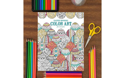 Coloring book with Easter designs on a wooden table with art supplies.