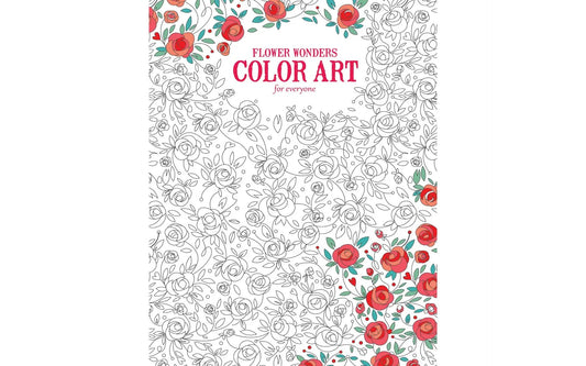 Coloring book cover with floral designs and 'Flower Wonders Color Art' text on a white background
