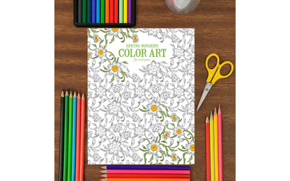 Coloring book titled 'Spring Wonders' with coloring supplies on a wooden surface