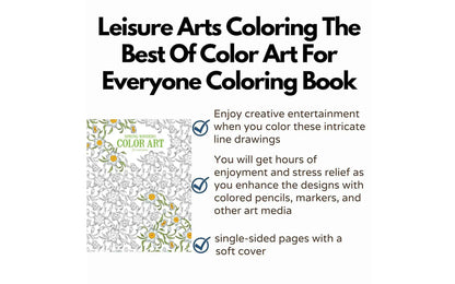 Advertisement for 'Leisure Arts Coloring' book with text and a sample coloring page.