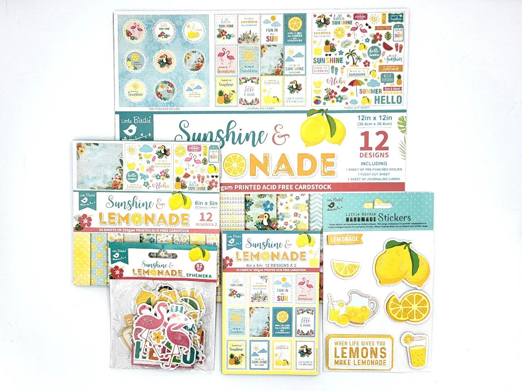 Collection of 'Sunshine & Lemonade' themed stationery items including stickers and cardstock on a white background.