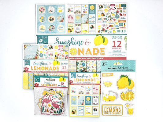 Collection of 'Sunshine & Lemonade' themed stationery items including stickers and cardstock on a white background.