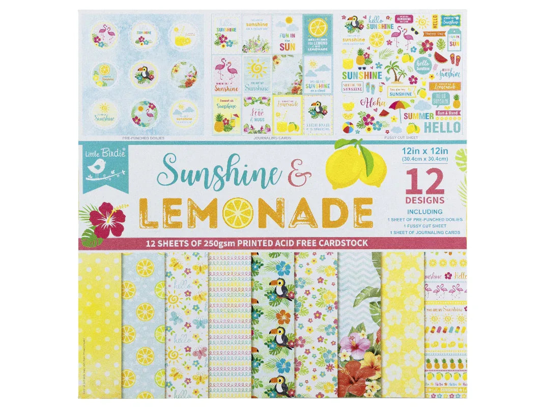 Packaging of 'Sunshine & Lemonade' paper with various designs on a white background