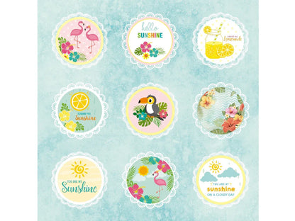 Set of decorative stickers with tropical designs on a light blue background