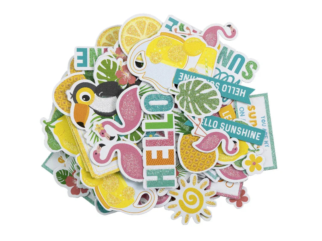 Collection of colorful stickers with tropical designs on a white background