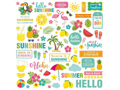 Collection of colorful summer-themed stickers with phrases like 'hello sunshine' and 'you are my sunshine'.