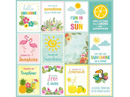 Collection of colorful cards with sun-themed sayings and illustrations on a white background.