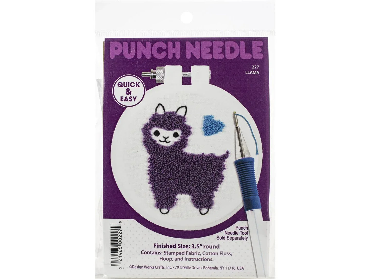Punch needle kit with purple llama design on packaging