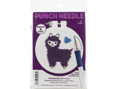 Punch needle kit with purple llama design on packaging