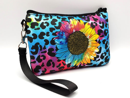 Multicolored leopard print pouch with a sunflower design on a white background