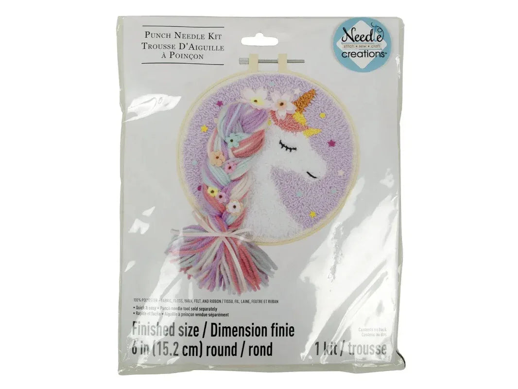 Punch needle kit packaging with unicorn design on a white background