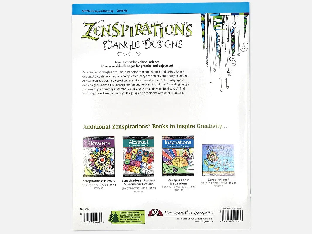 Back cover of a Zenspirations coloring book with product listings and branding.