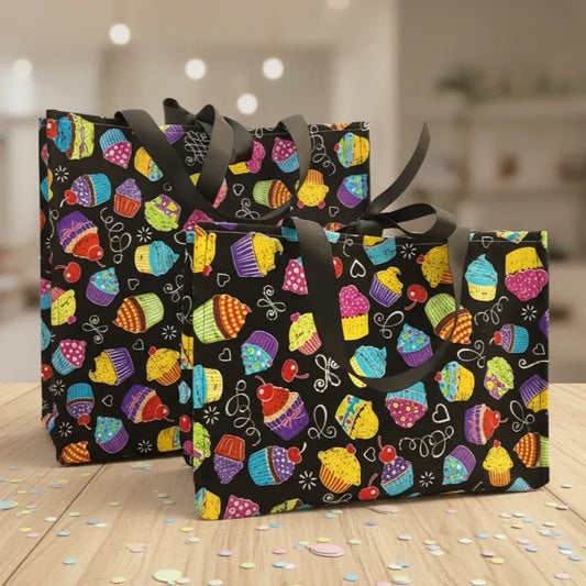 Small Fabric Birthday Gift Bag, bright cupcakes on black