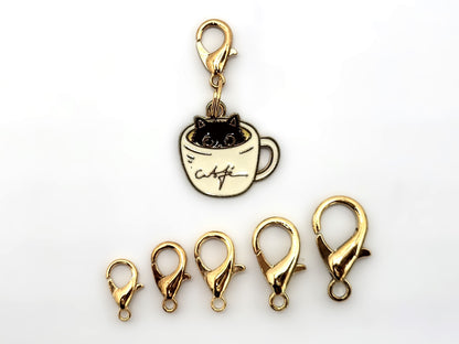 Cat in Coffee Cup Stitch Markers | Enamel Charm Stitch Markers 3pc