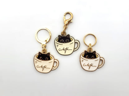 Cat in Coffee Cup Stitch Markers | Enamel Charm Stitch Markers 3pc