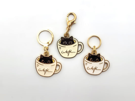 Cat in Coffee Cup Stitch Markers | Enamel Charm Stitch Markers 3pc
