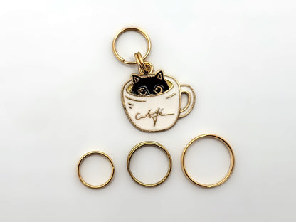 Cat in Coffee Cup Stitch Markers | Enamel Charm Stitch Markers 3pc