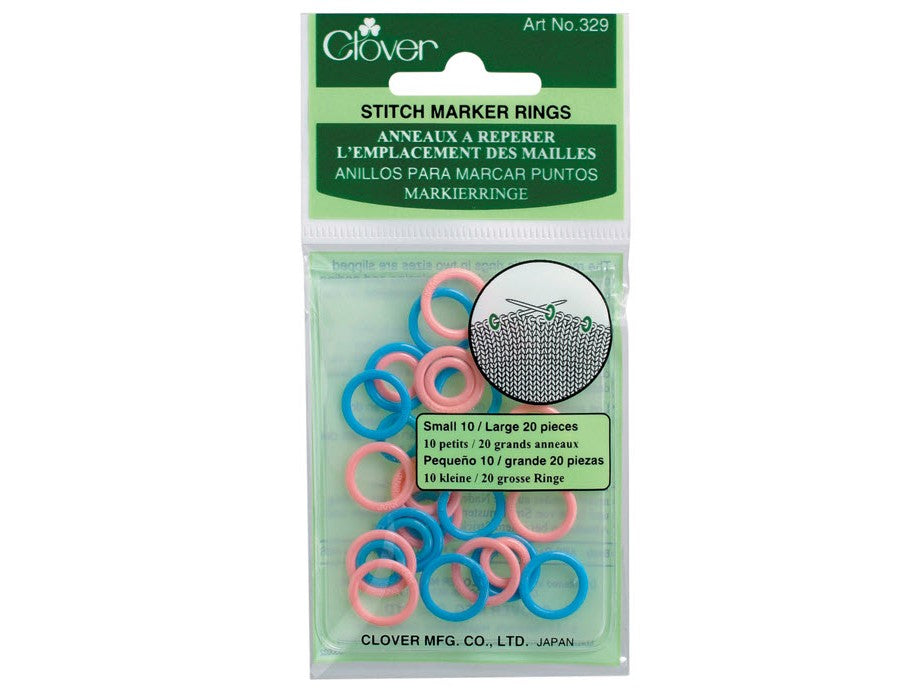 Packaging of Clover stitch marker rings with pink and blue rings on a white background