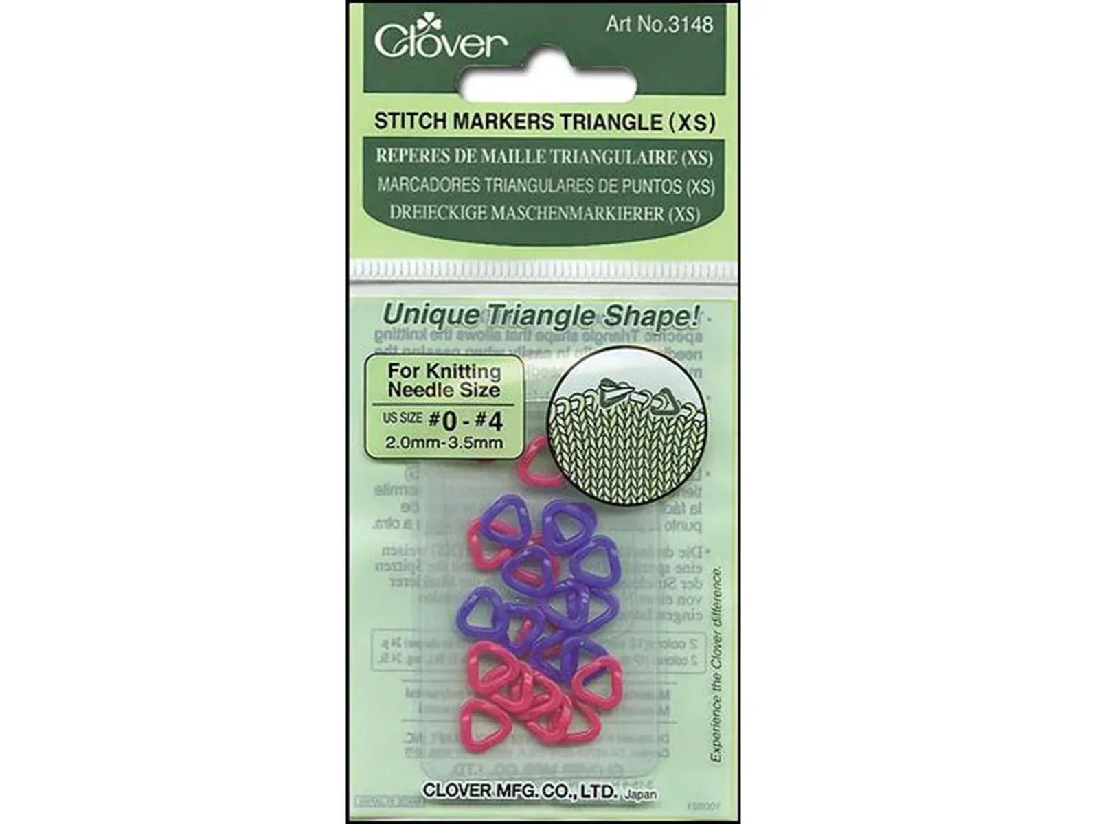 Packaged stitch markers with triangle shape on a white background
