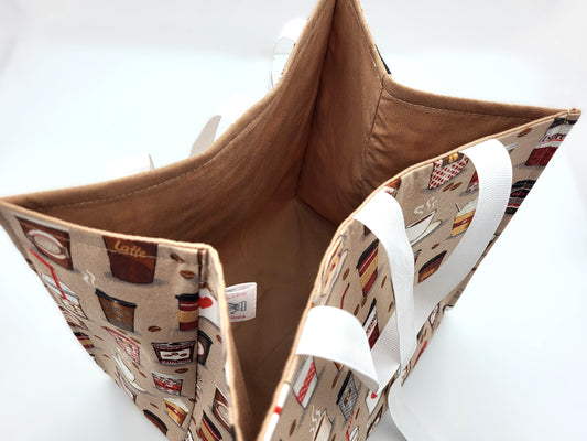 Fabric basket with coffee-themed design on a white background
