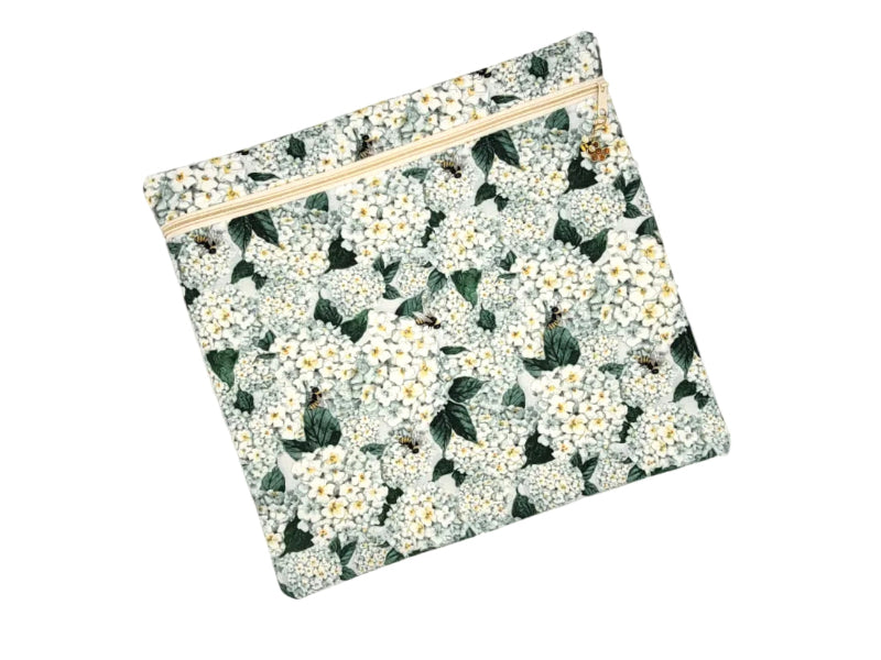 Floral-patterned pouch with a zipper on a white background