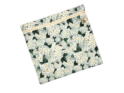 Floral-patterned pouch with a zipper on a white background