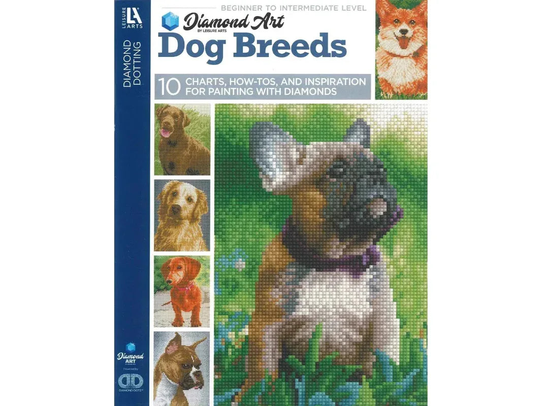 Book cover of 'Diamond Art Dog Breeds' with images of dogs and text on a white background
