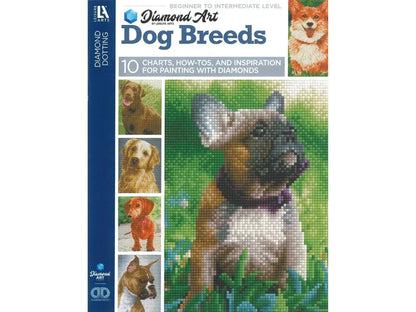 Book cover of 'Diamond Art Dog Breeds' with images of dogs and text on a white background