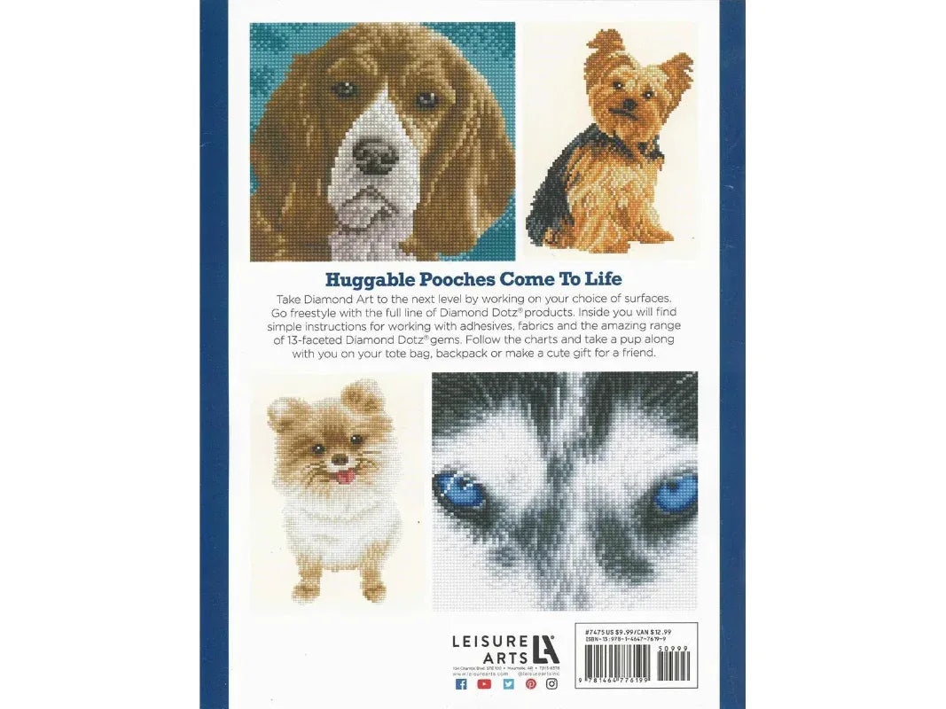 Leisure Arts cross-stitch pattern book cover featuring images of dogs and text.