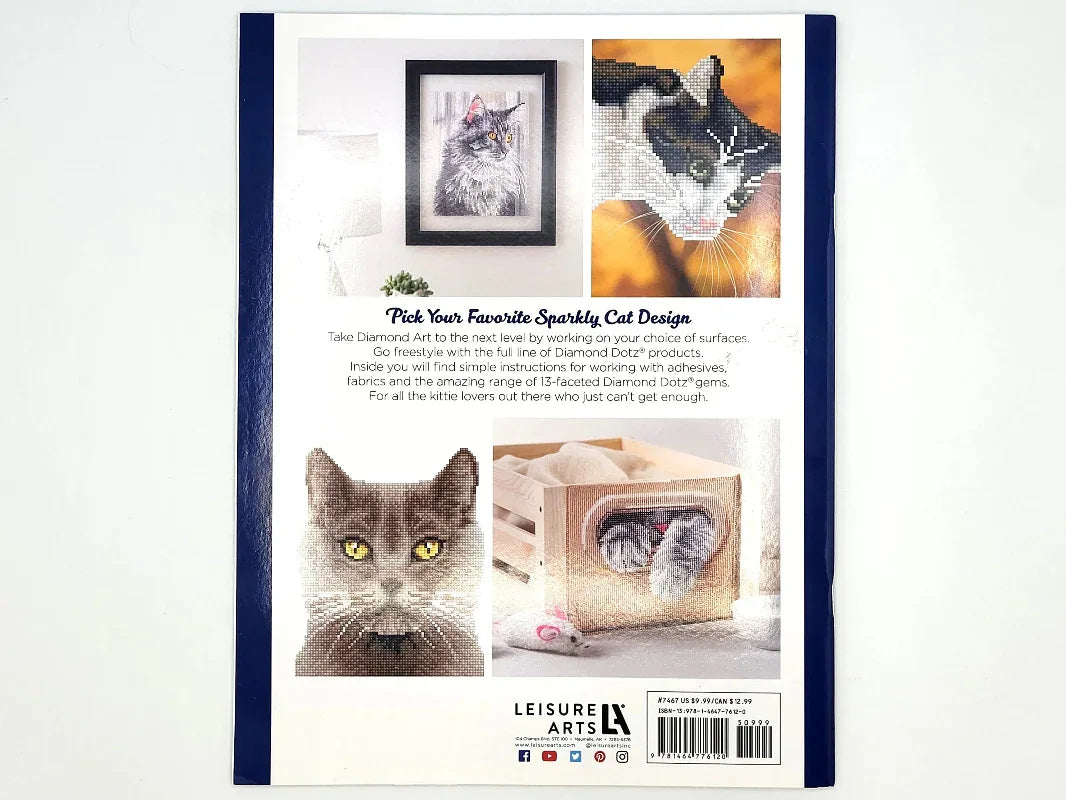 Leisure Arts diamond painting kit packaging with cat-themed designs and text.