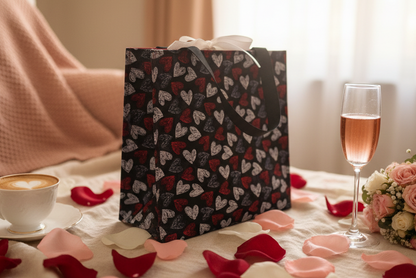 Romantic setting with a gift bag, glass of champagne, bouquet of flowers, and coffee on a bed.