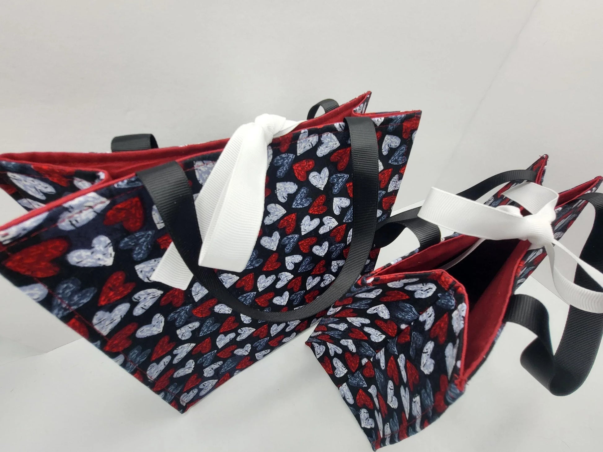 Small Reusable Fabric Valentines Day Gift Bag with Ribbon tie and handles, Distressed Hearts - Handmade Reusable Fabric Gift Bag