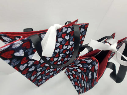 Small Reusable Fabric Valentines Day Gift Bag with Ribbon tie and handles, Distressed Hearts - Handmade Reusable Fabric Gift Bag