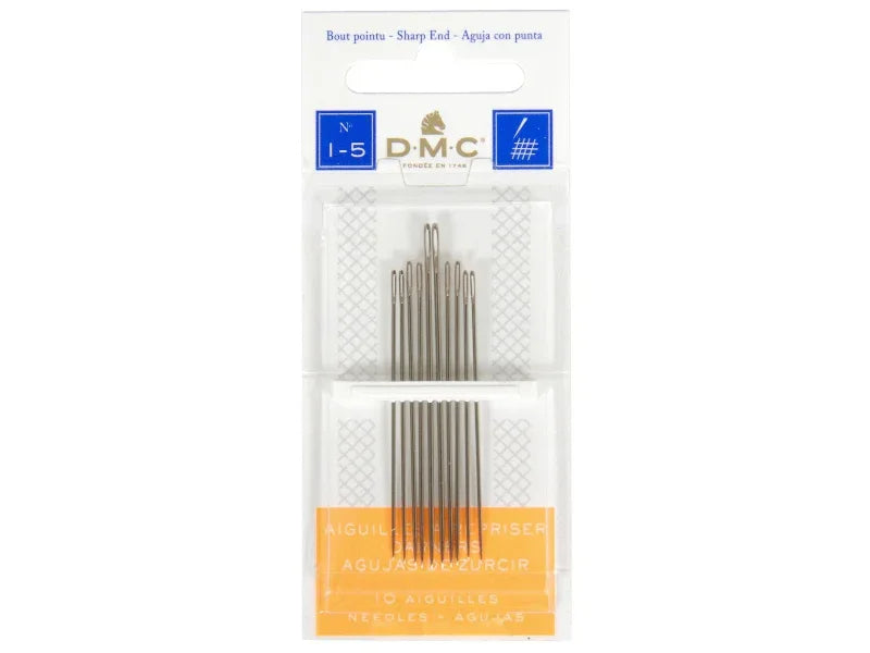 Pack of embroidery needles with DMC branding on a white background