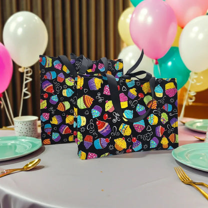 Small Fabric Birthday Gift Bag, bright cupcakes on black