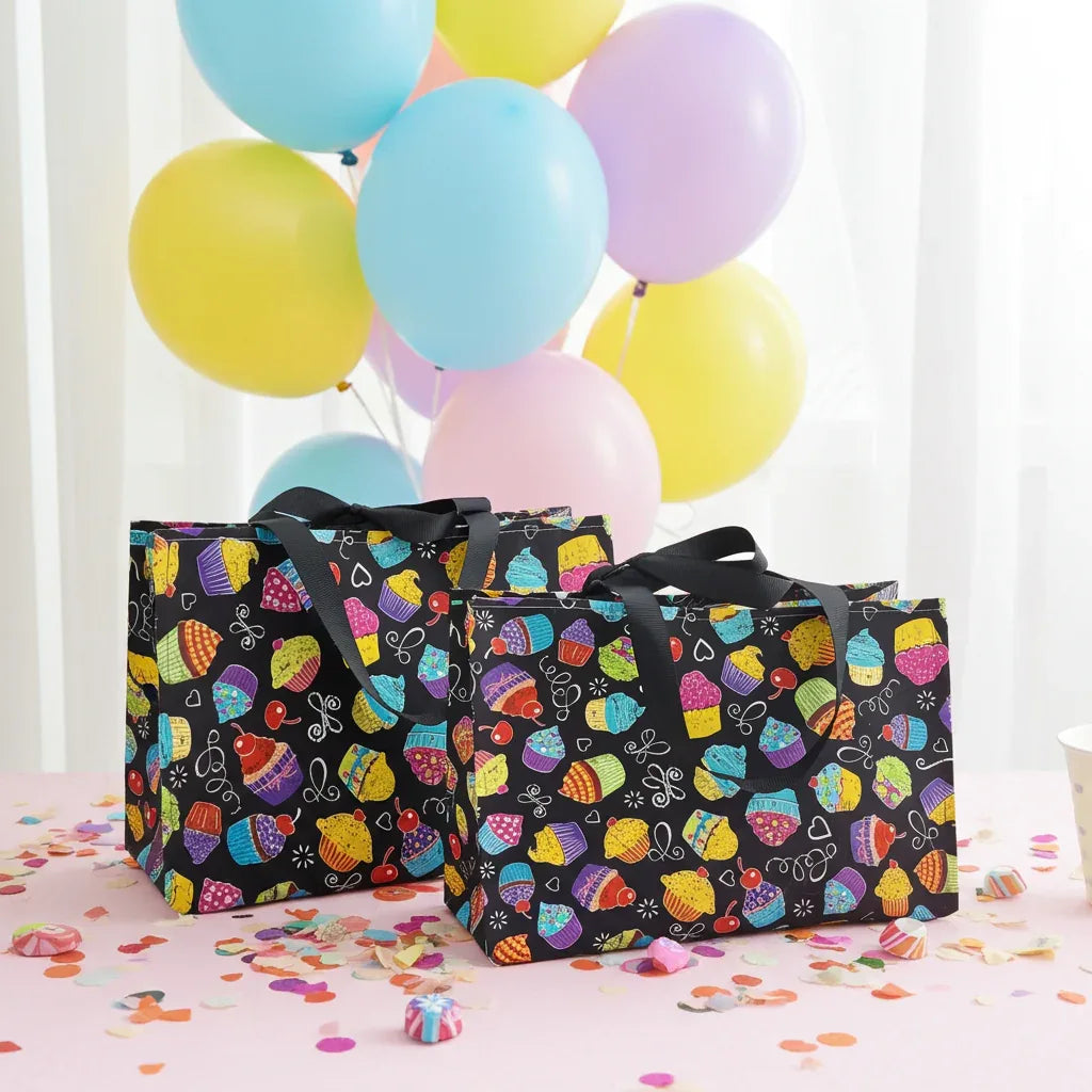 Small Fabric Birthday Gift Bag, bright cupcakes on black