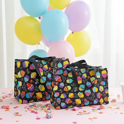 Small Fabric Birthday Gift Bag, bright cupcakes on black