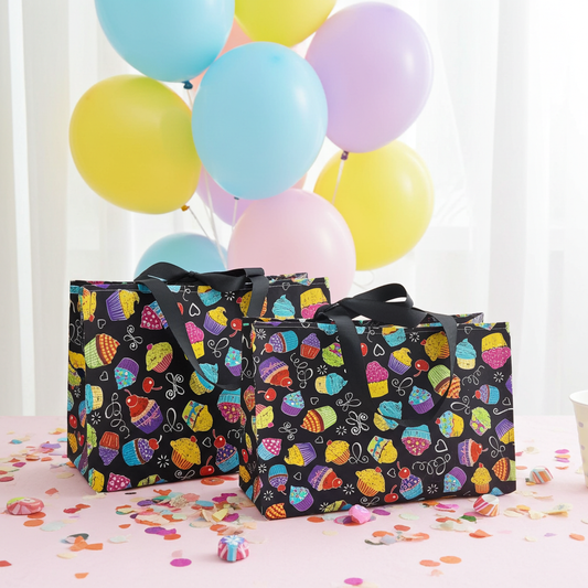 Small Reusable Fabric Birthday Gift Bag with Ribbon tie and handles, bright cupcakes on black